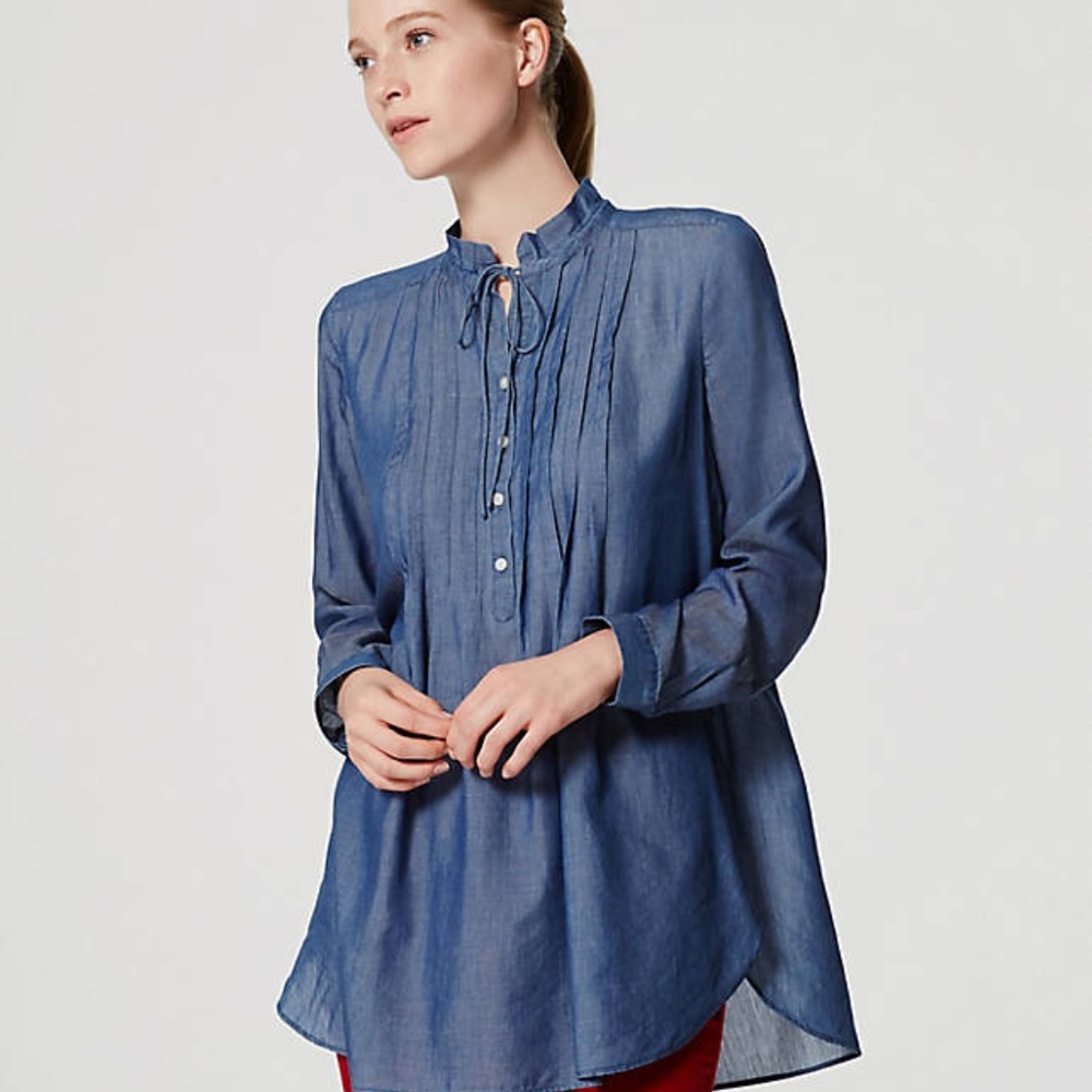 LOFT Chambray Ruffle Tunic Softened Shirt M